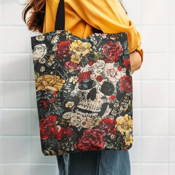 Sugar skull tote bag Day of the dead bag floral roses skeleton bag - Picture 1 of 5